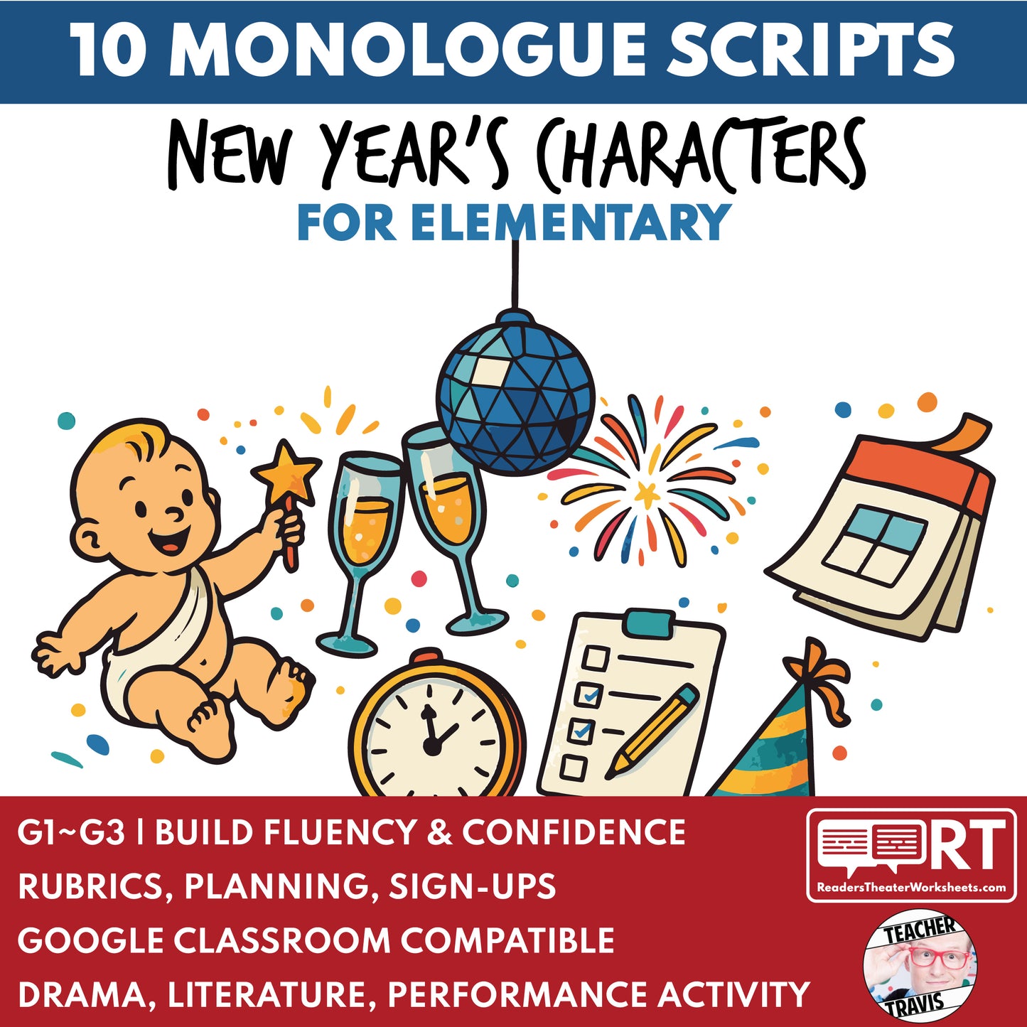 10 New Year's Day Monologues | 10 Short Scripts For Grades 1 to 3 | No Prep Activity PDF