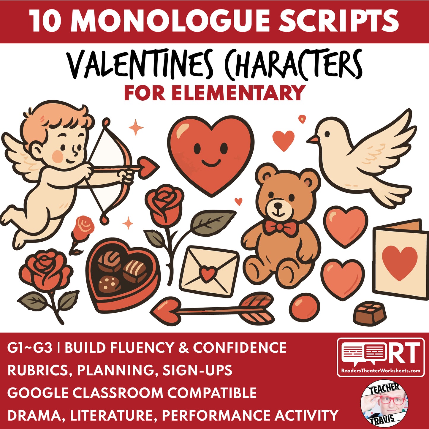 10 Valentines Monologues | 10 Short Scripts For Grades 1 to 3 | No Prep Activity PDF