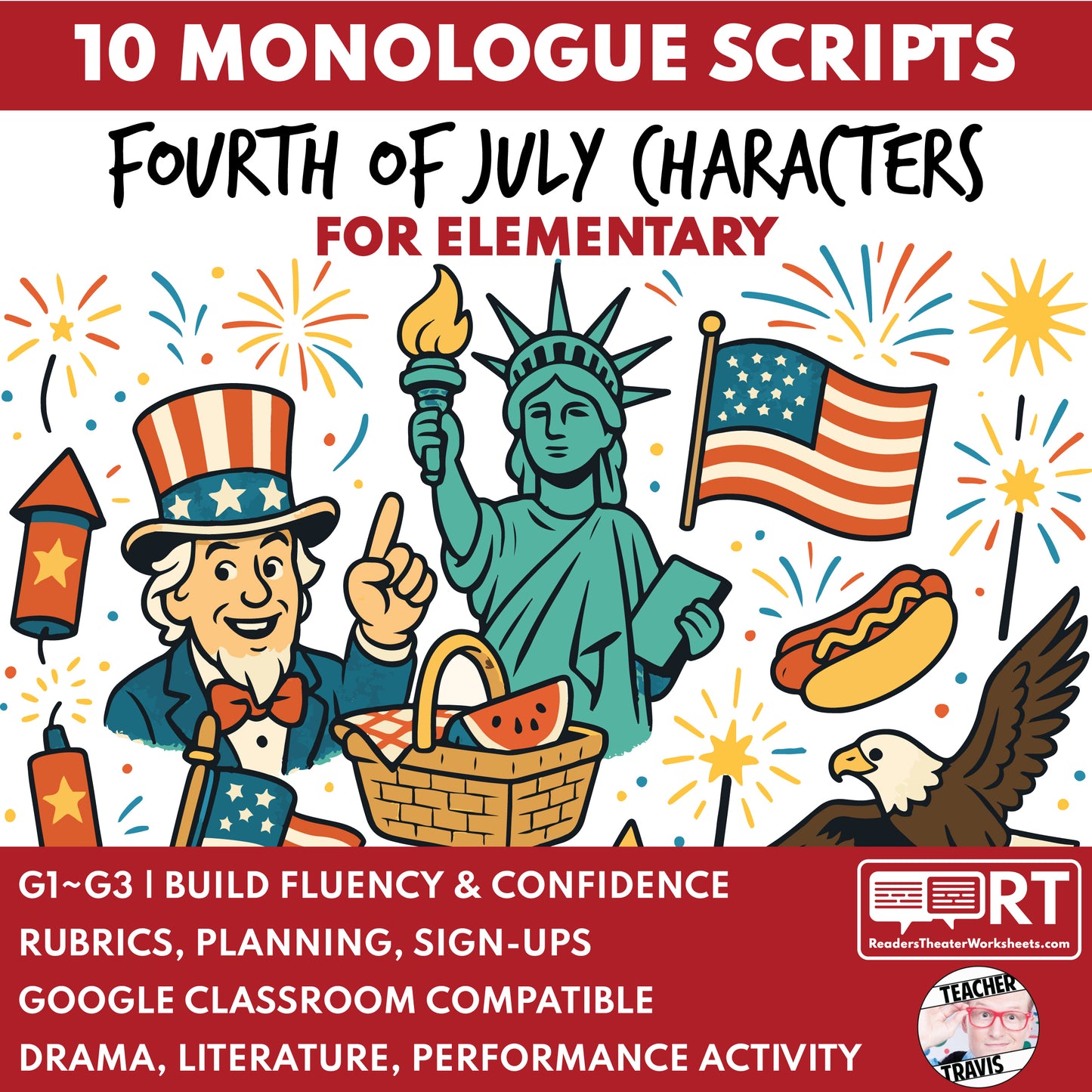 10 Fourth of July Monologues | 10 Short Scripts For Grades 1 to 3 | No Prep Activity PDF