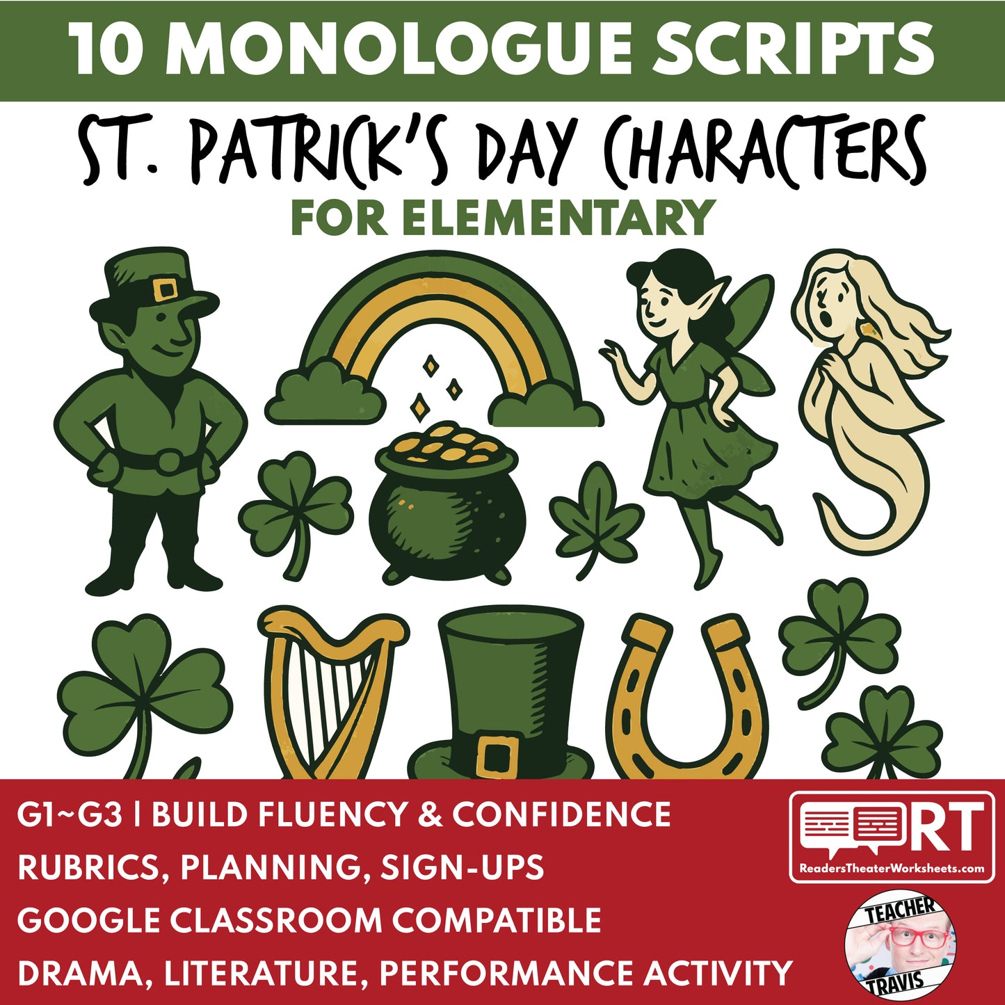 10 St. Patrick's Day Monologues | 10 Short Scripts For Grades 1 to 3 | No Prep Activity PDF