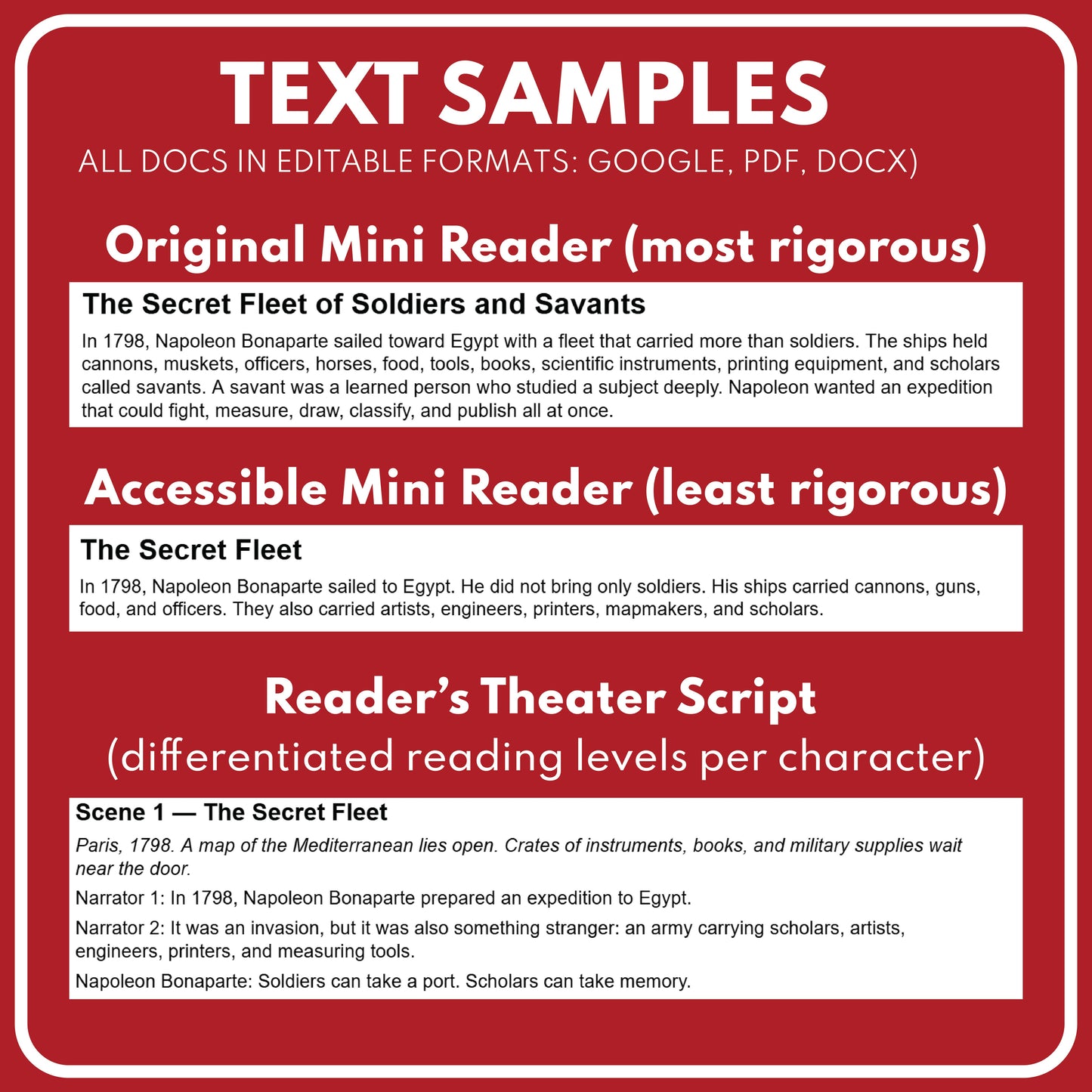 Preview page for the Vivant Denon and Napoleon’s Egyptian Expedition Mini Reader + Reader’s Theater mini reader
