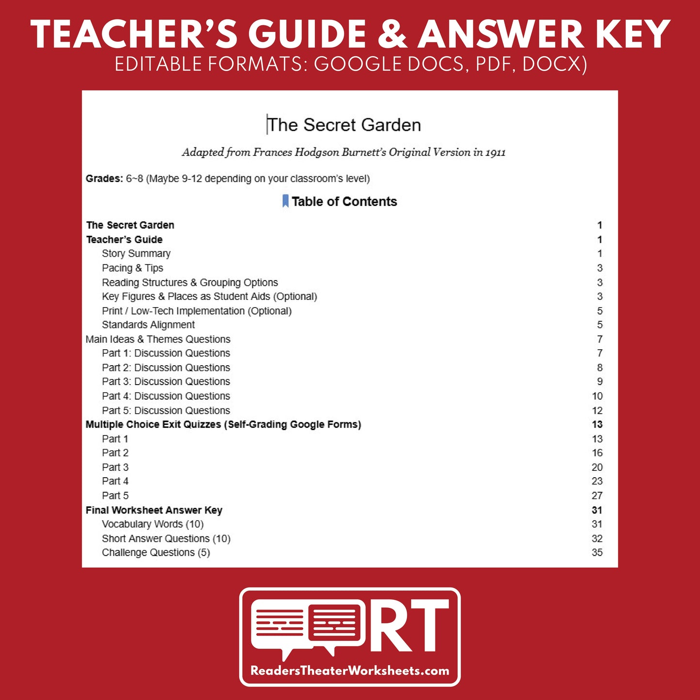 The Secret Garden | Full Week Lesson | Adapted Version | Burnett | No Prep