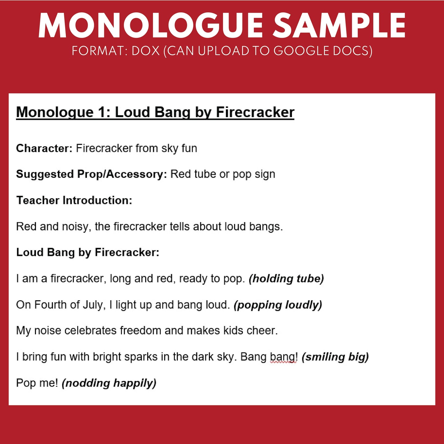 10 Fourth of July Monologues | 10 Short Scripts For Grades 1 to 3 | No Prep Activity PDF
