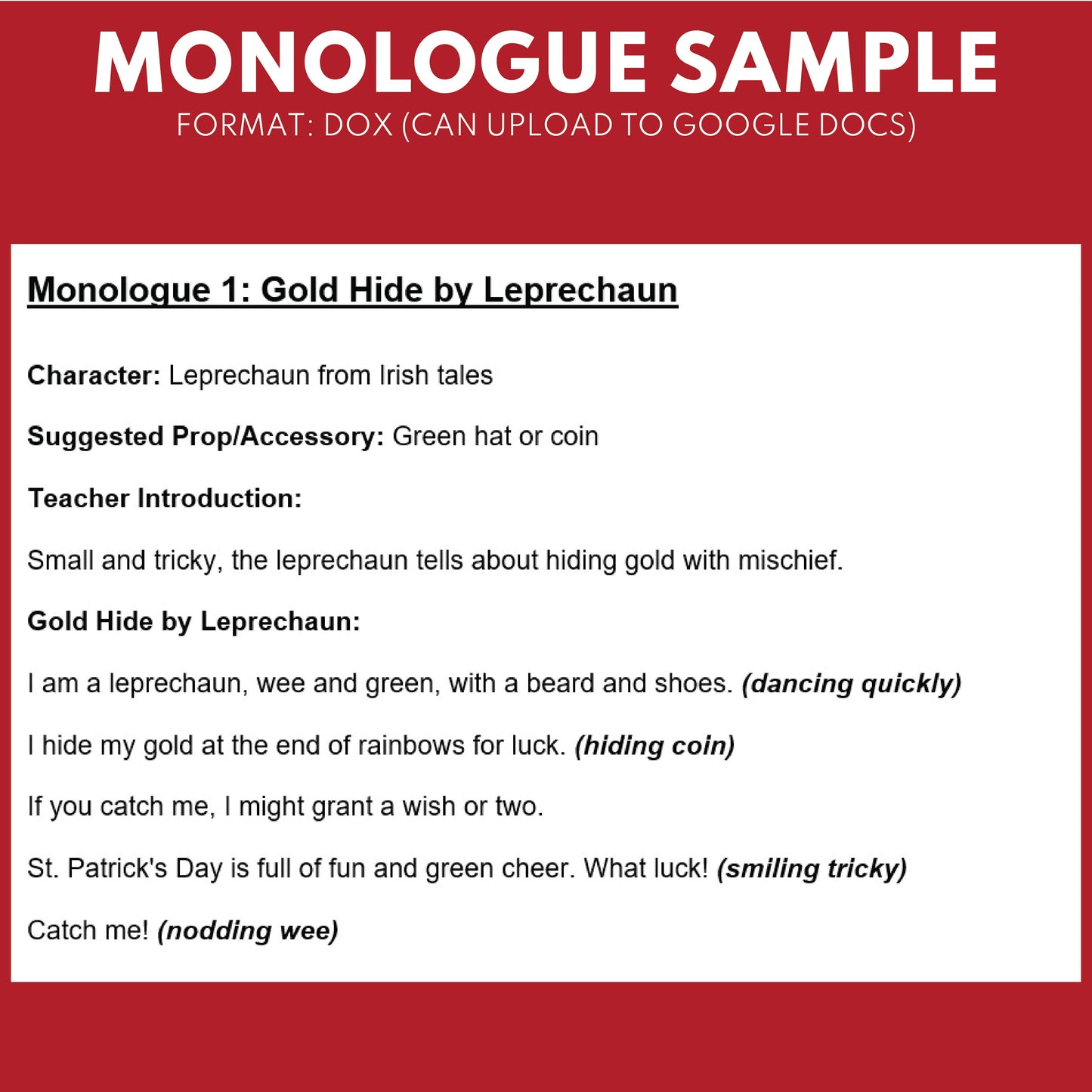 10 St. Patrick's Day Monologues | 10 Short Scripts For Grades 1 to 3 | No Prep Activity PDF