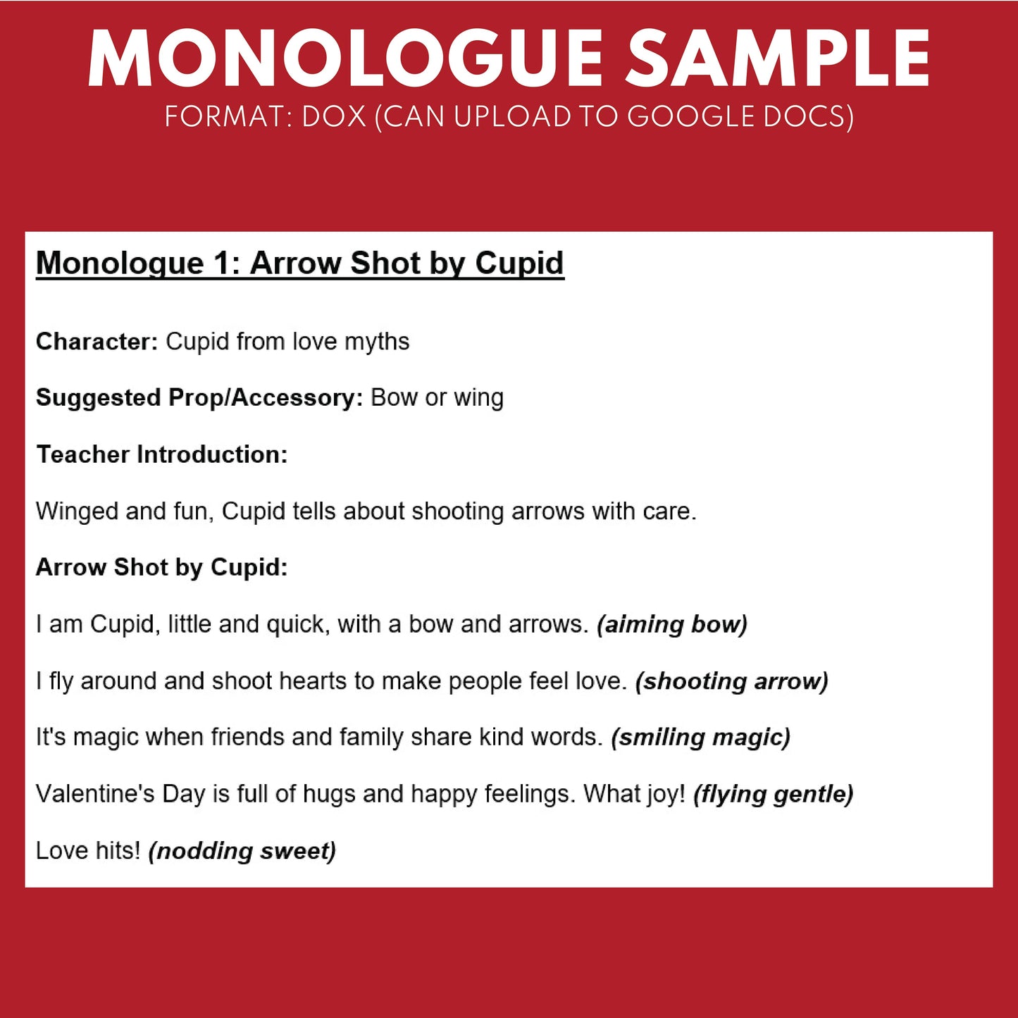 10 Valentines Monologues | 10 Short Scripts For Grades 1 to 3 | No Prep Activity PDF