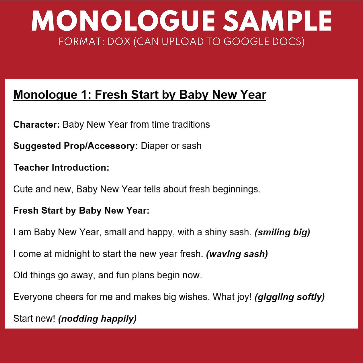 10 New Year's Day Monologues | 10 Short Scripts For Grades 1 to 3 | No Prep Activity PDF