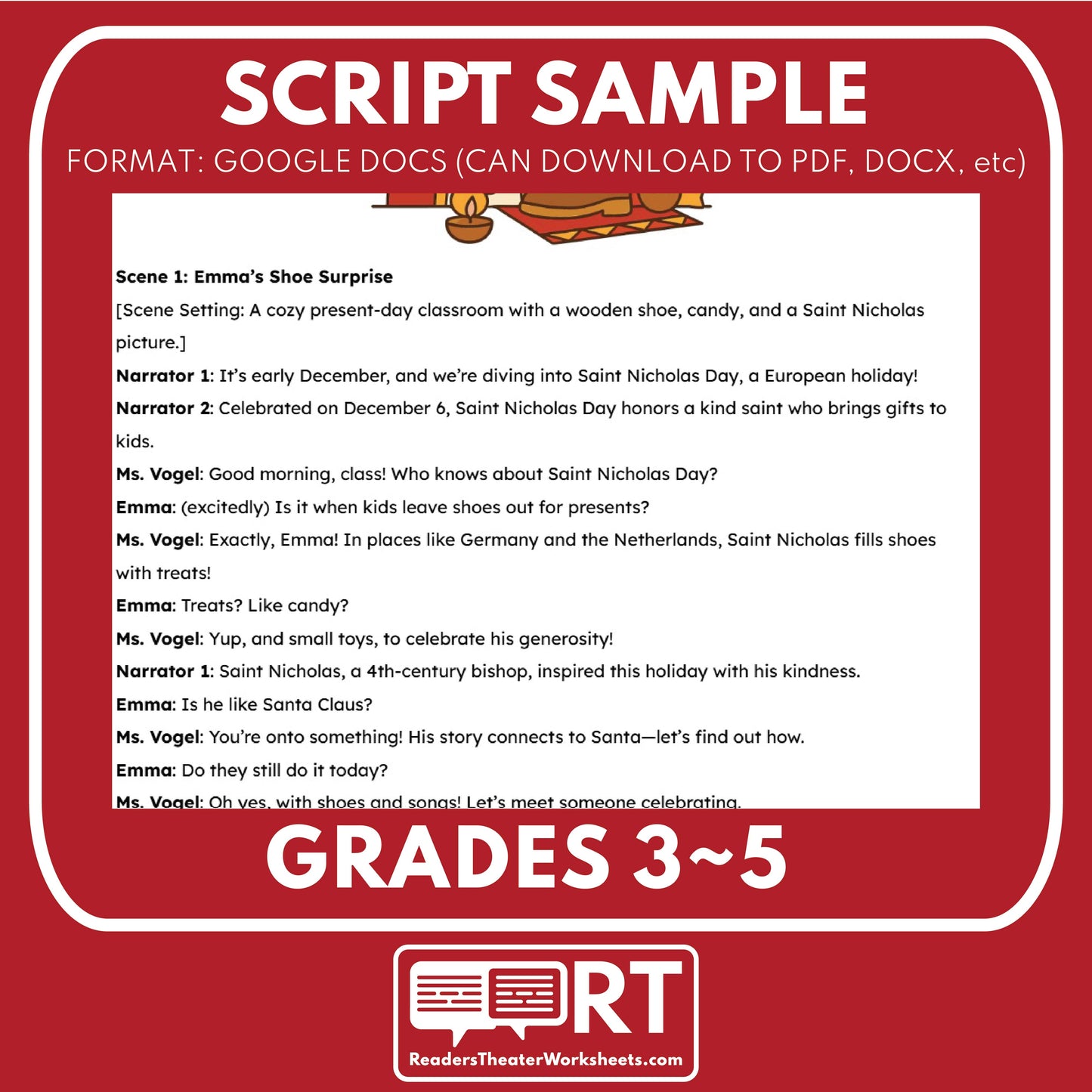 Saint Nicholas Day Holiday Readers Theater Script for Grades 3 to 5