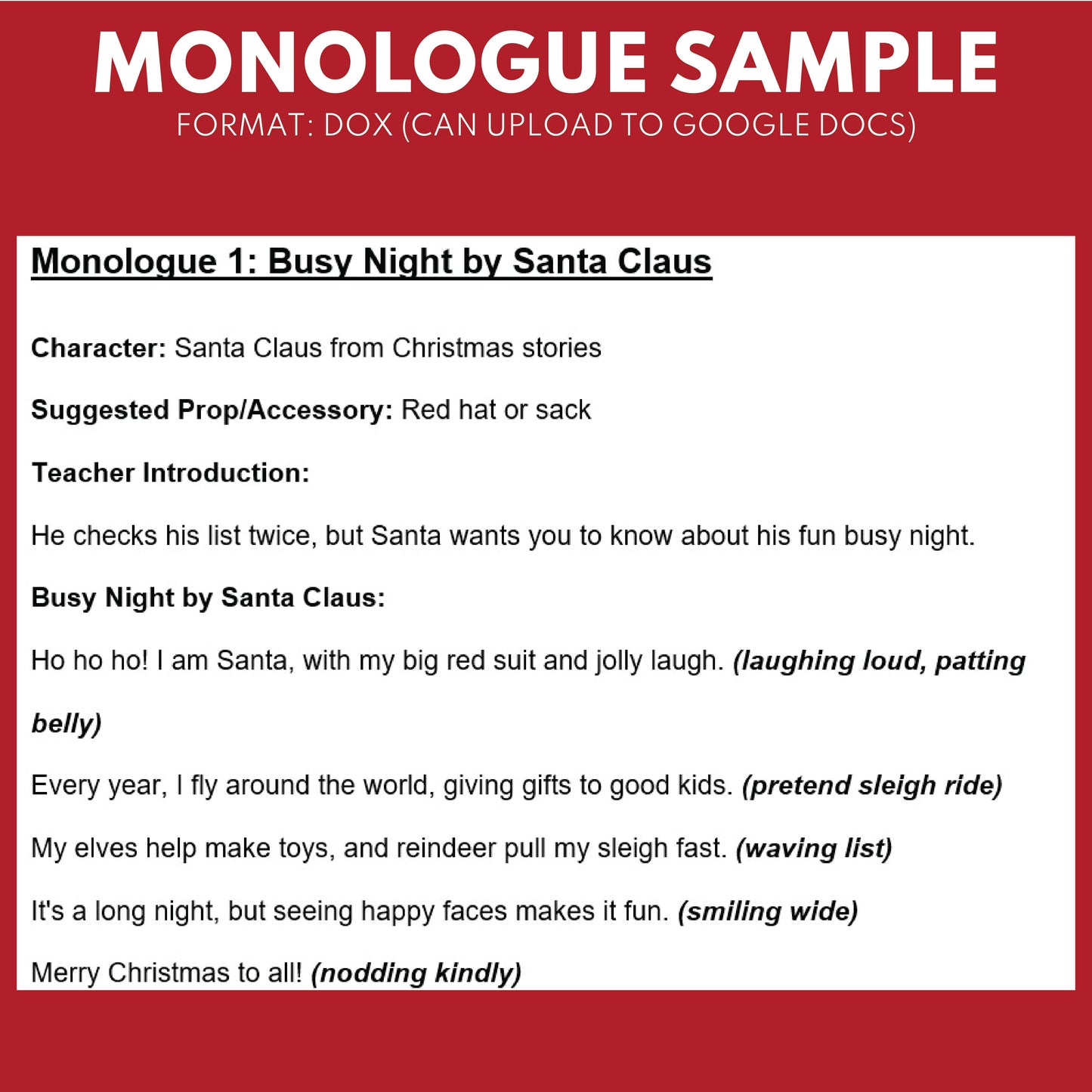 10 Christmas Monologues | 10 Short Scripts For Grades 1 to 3 | No Prep Activity PDF
