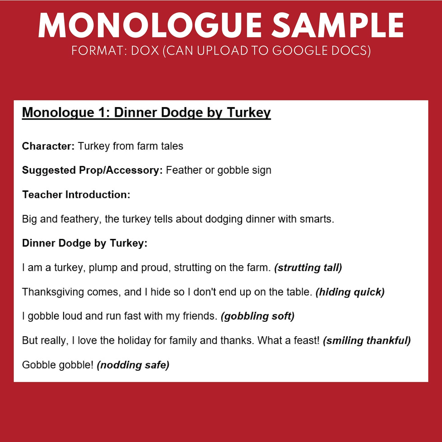 10 Thanksgiving Monologues | 10 Short Scripts For Grades 1 to 3 | No Prep Activity PDF