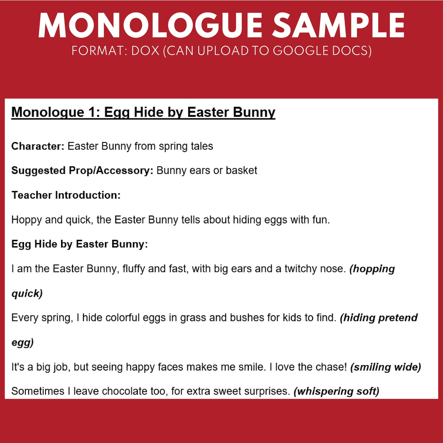 10 Easter Monologues | 10 Short Scripts For Grades 1 to 3 | No Prep Activity PDF