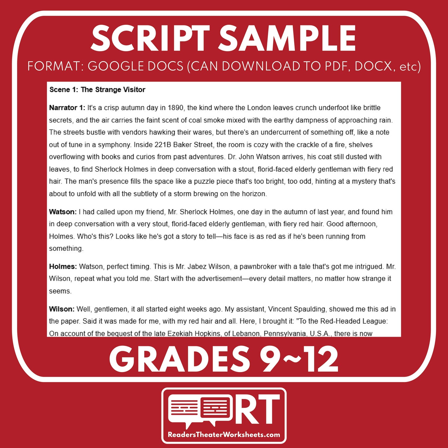 Sherlock Holmes - The Red-Headed League Readers Theater Script for Grades 9 to 12