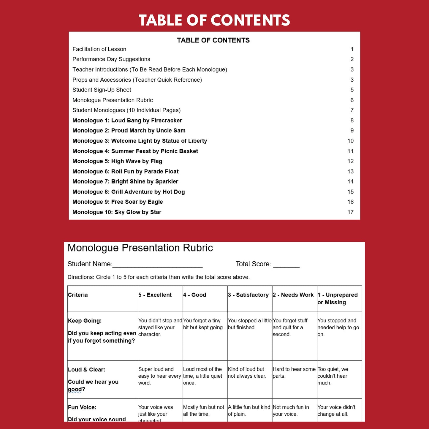 10 Fourth of July Monologues | 10 Short Scripts For Grades 1 to 3 | No Prep Activity PDF