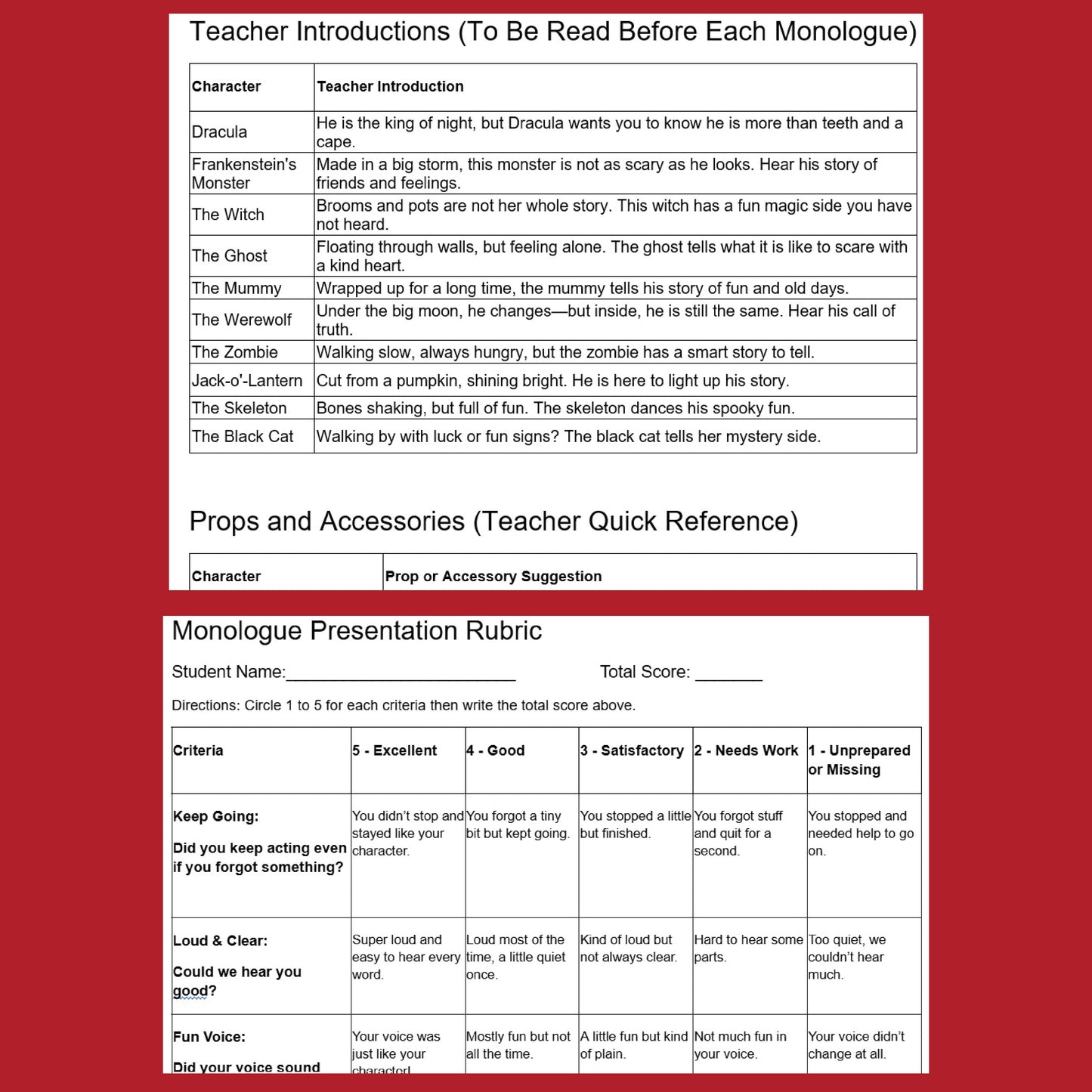 Free Halloween Monologues | 10 Short Scripts For Grades 1 to 3 | No Prep Activity PDF