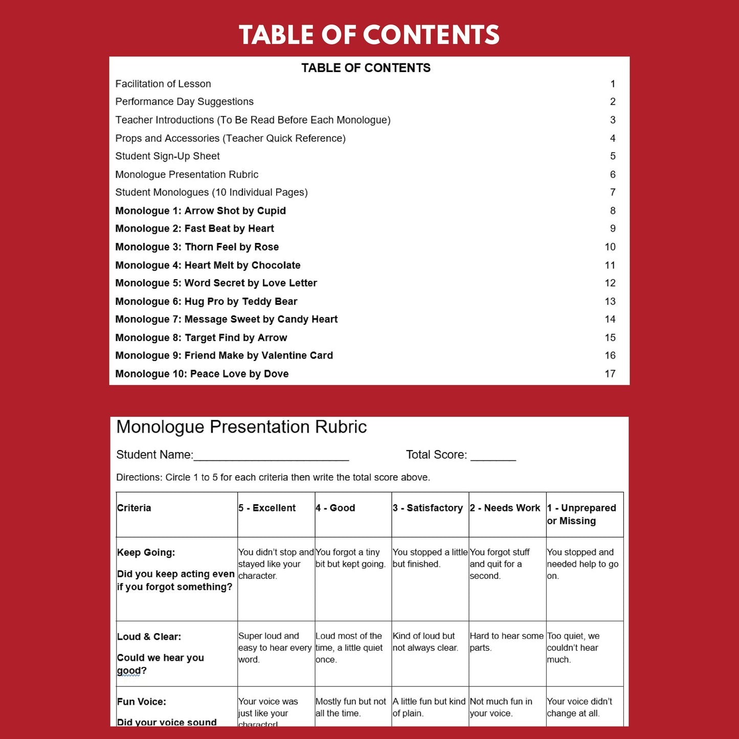10 Valentines Monologues | 10 Short Scripts For Grades 1 to 3 | No Prep Activity PDF