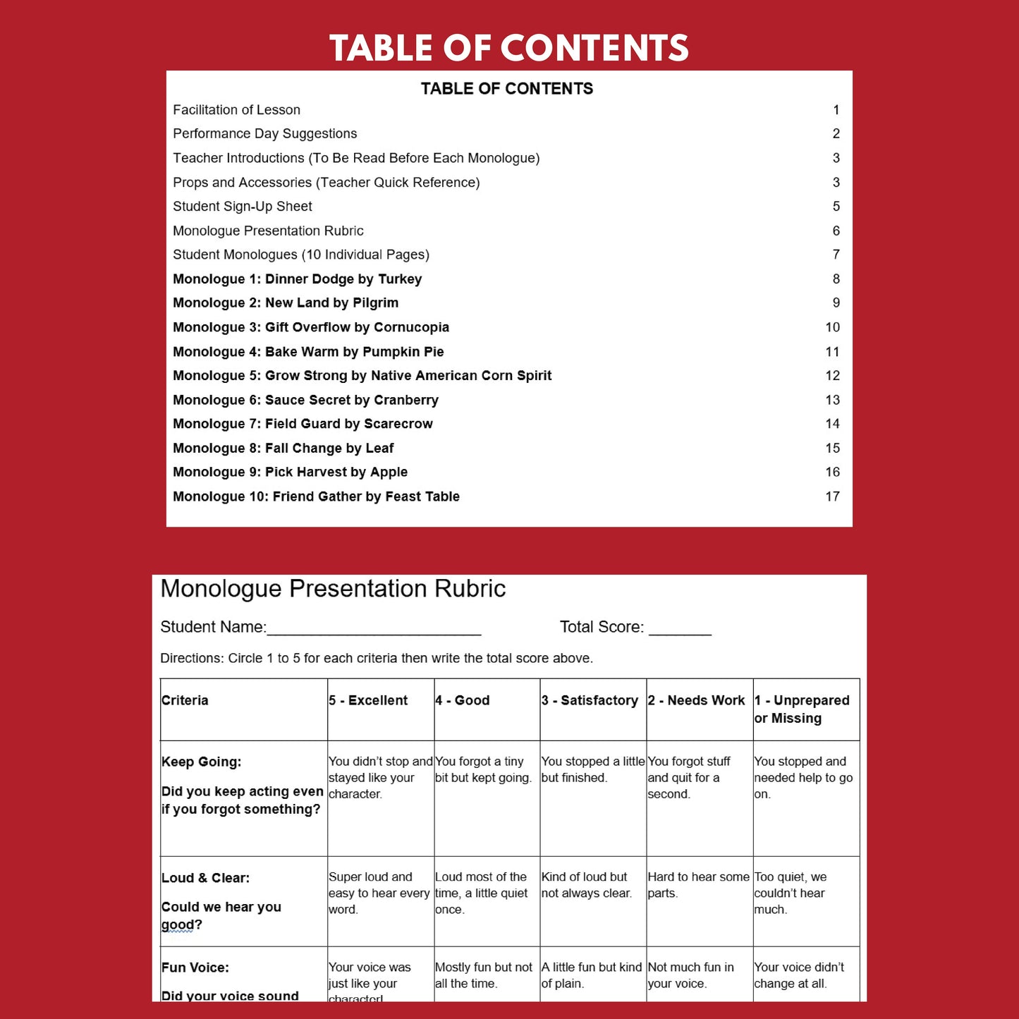 10 Thanksgiving Monologues | 10 Short Scripts For Grades 1 to 3 | No Prep Activity PDF
