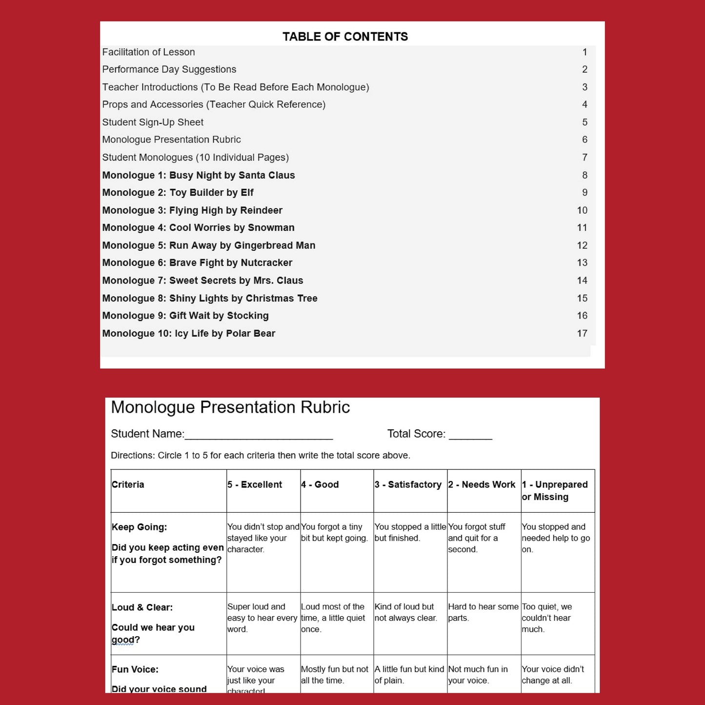 10 Christmas Monologues | 10 Short Scripts For Grades 1 to 3 | No Prep Activity PDF
