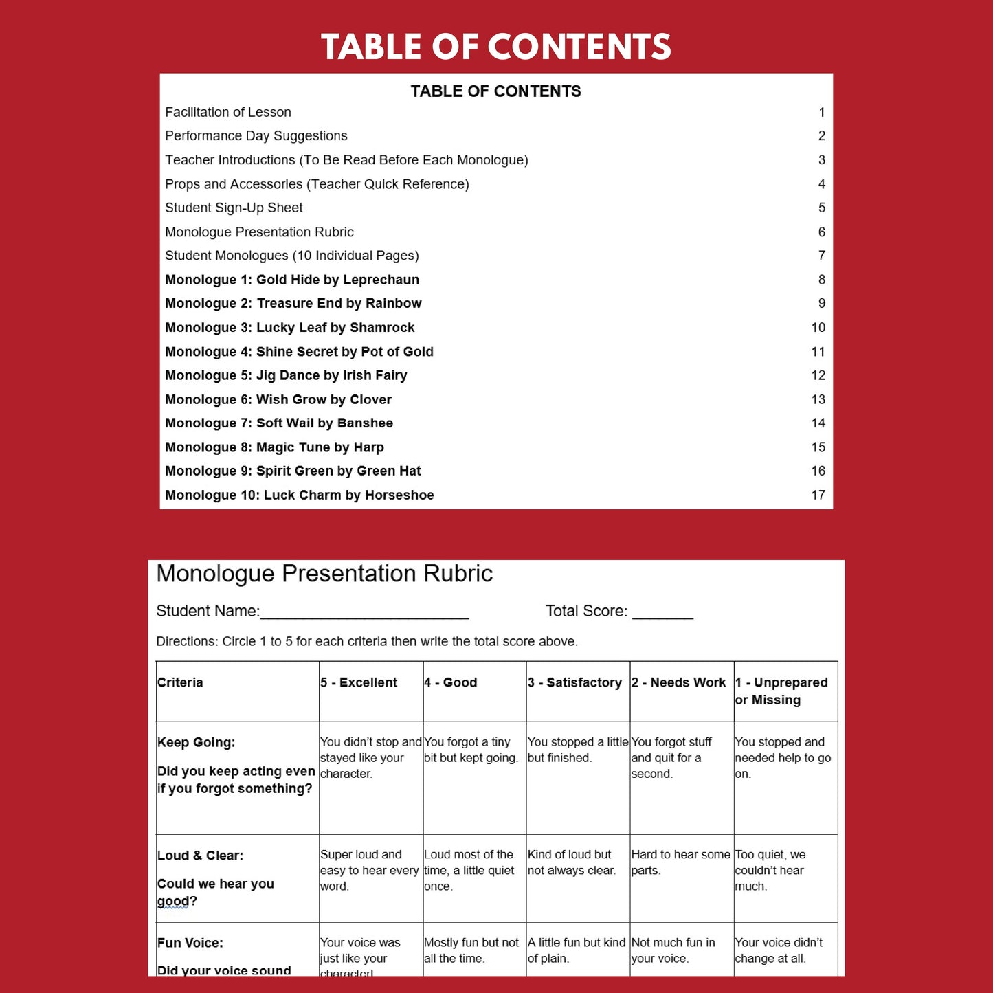 10 St. Patrick's Day Monologues | 10 Short Scripts For Grades 1 to 3 | No Prep Activity PDF