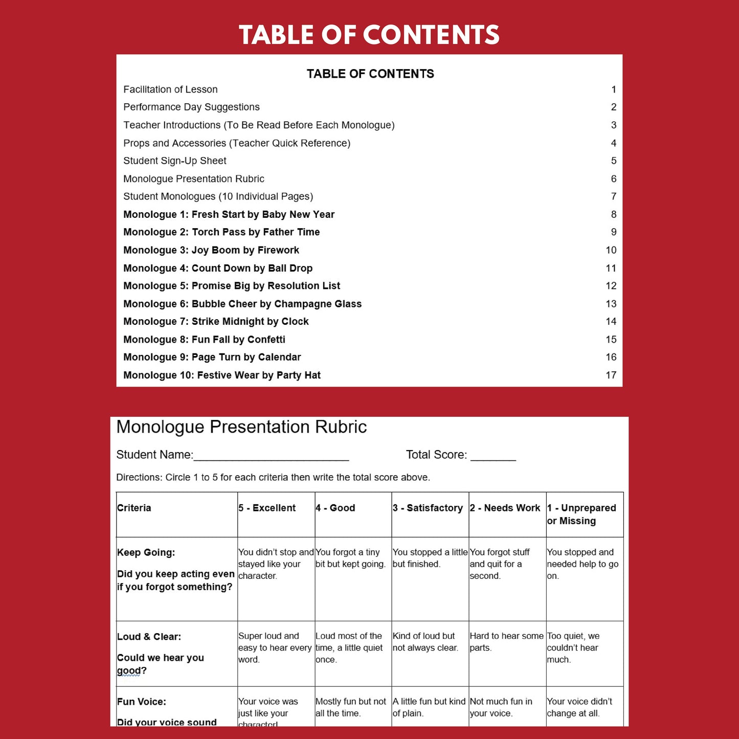 10 New Year's Day Monologues | 10 Short Scripts For Grades 1 to 3 | No Prep Activity PDF