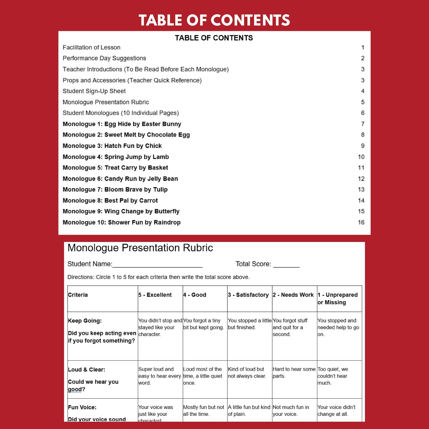 10 Easter Monologues | 10 Short Scripts For Grades 1 to 3 | No Prep Activity PDF