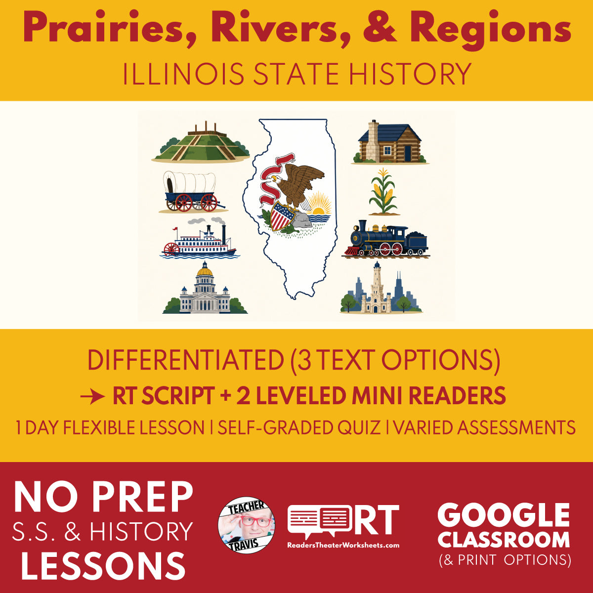 Illinois State History | Prairies, Rivers, and Regions RT Script and Mini Readers | Grades 3-5 FREE