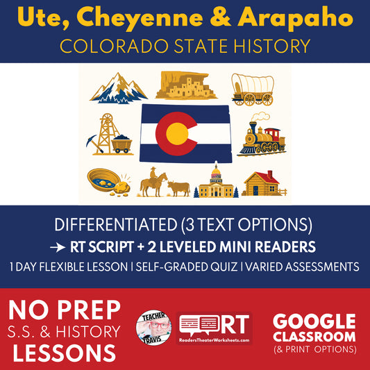 Colorado State History | Ute, Cheyenne, Arapaho, and Native Homelands RT Script and Mini Readers | Grades 3-5