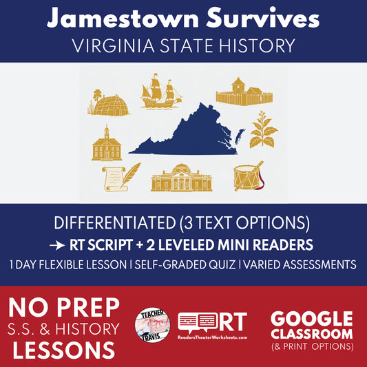 Virginia State History | Jamestown Survives - But at What Cost RT Script and Mini Readers | Grades 3-5