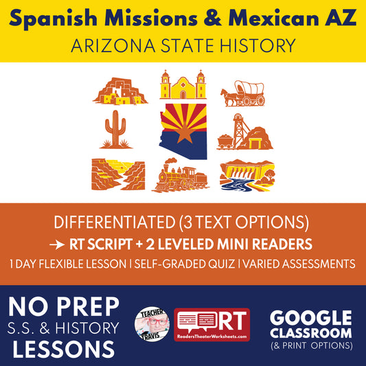 Arizona State History | Spanish Missions and Mexican Arizona RT Script and Mini Readers | Grades 3-5