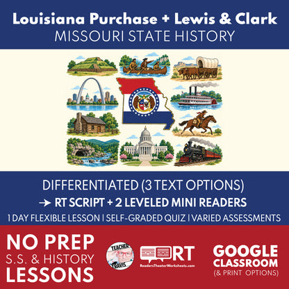Missouri State History | Louisiana Purchase and Lewis & Clark RT Script & Mini Readers | Grades 3-5