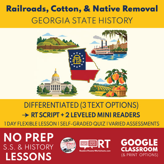 Georgia State History | Georgia Expansion, Cotton, Railroads, and Native Removal RT Script & Mini Readers | Grades 3-5