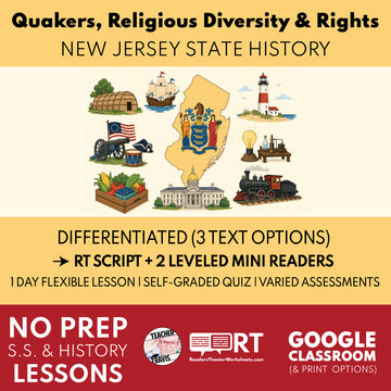 New Jersey State History | Quakers, Religious Diversity, and Colonial Rights RT Script and Mini Readers | Grades 3-5