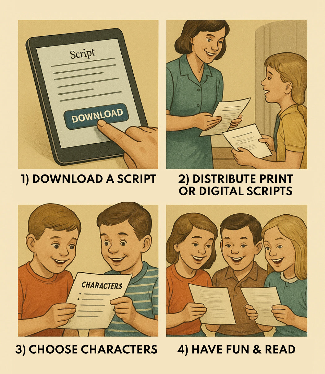 Illustrated icons showing the four steps: download, distribute, assign roles, perform