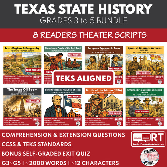 Texas State History Bundle of 8 Readers Theater Scripts for Grades 3 to 5 cover image