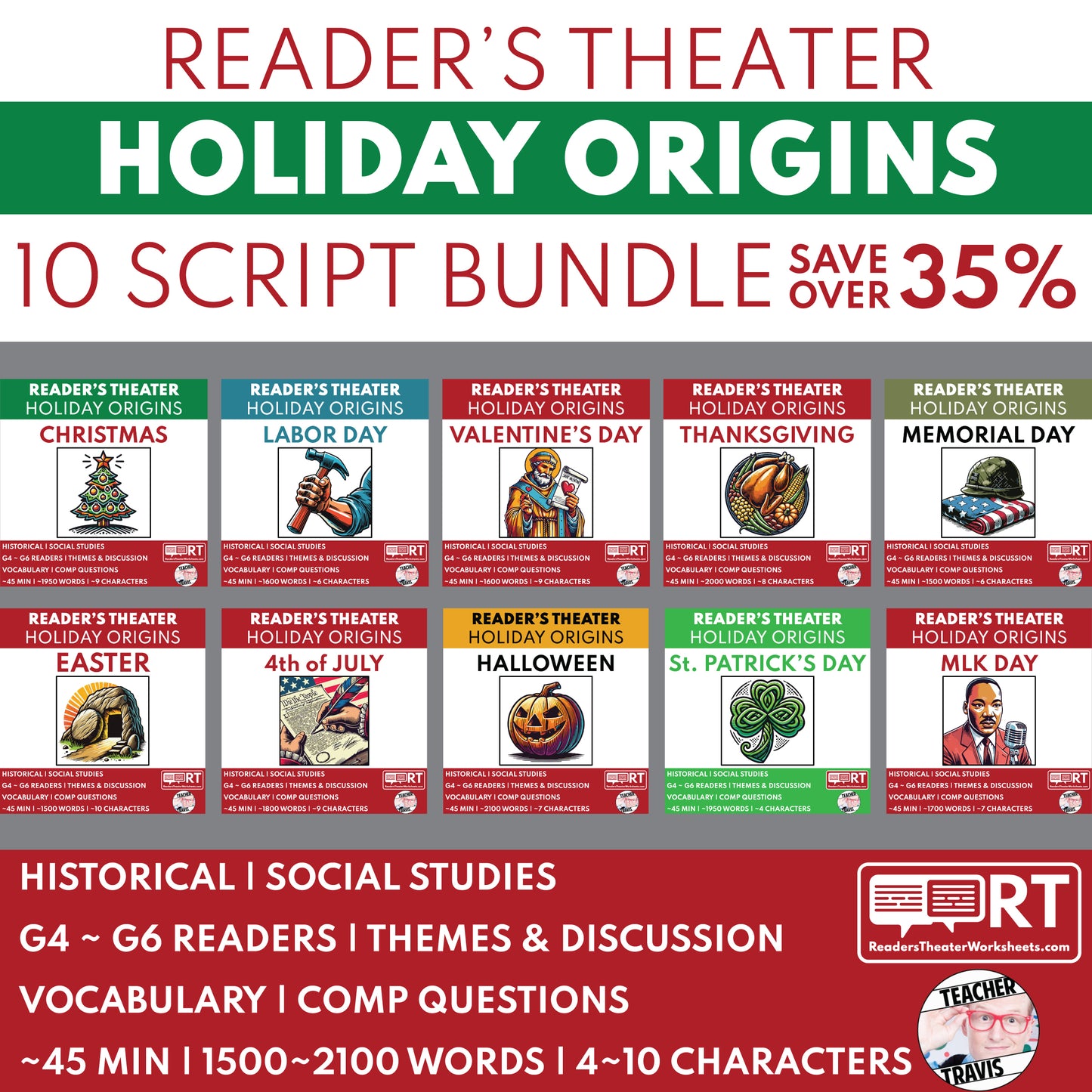 Holiday Origins Reader's Theater Scripts Bundle (10) | SAVE 35% - ["Bundle","Grades 3-5","Grades 6-8","Holiday Origins Series"]