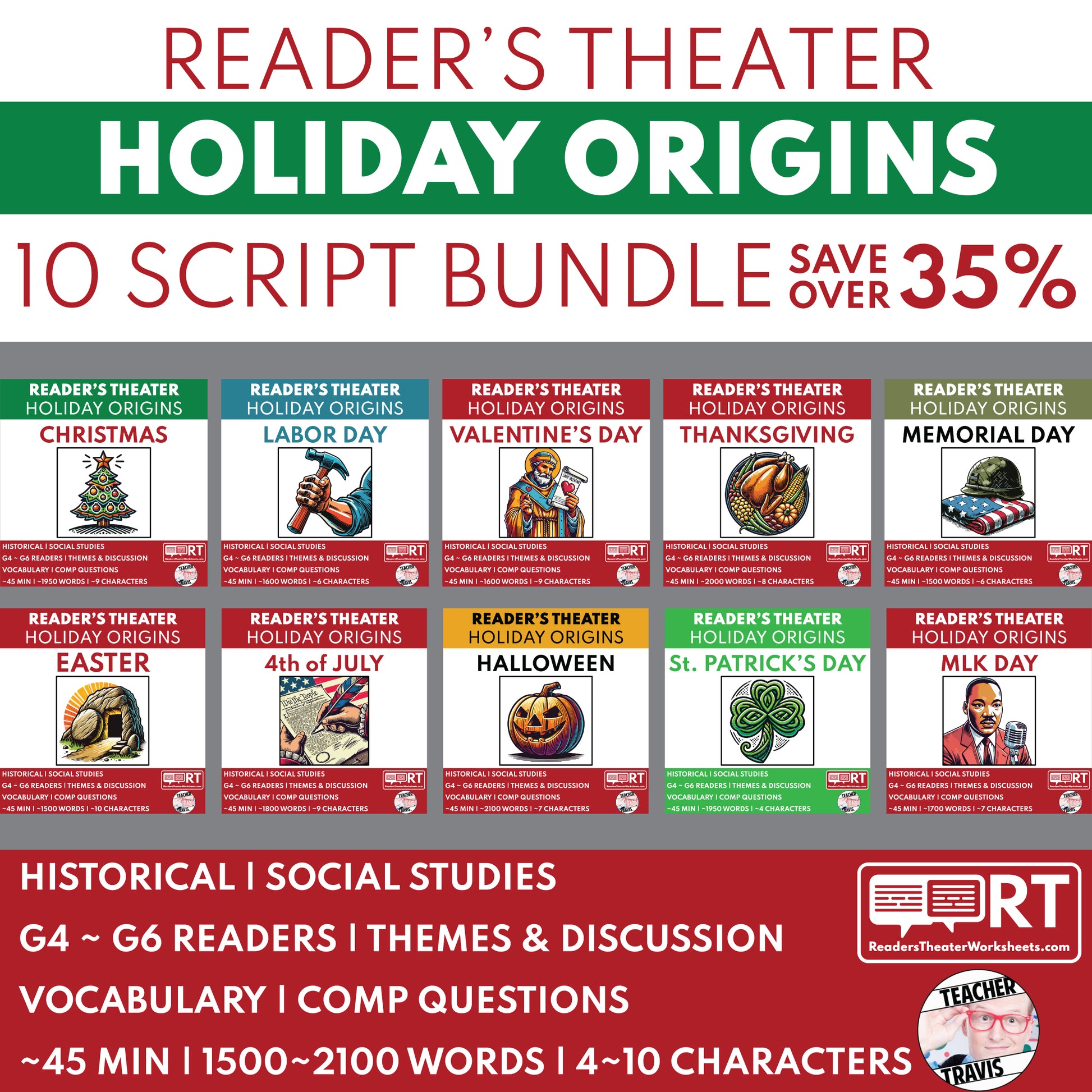 Holiday Origins Reader's Theater Scripts Bundle (10) | SAVE 35% - ["Bundle","Grades 3-5","Grades 6-8","Holiday Origins Series"]