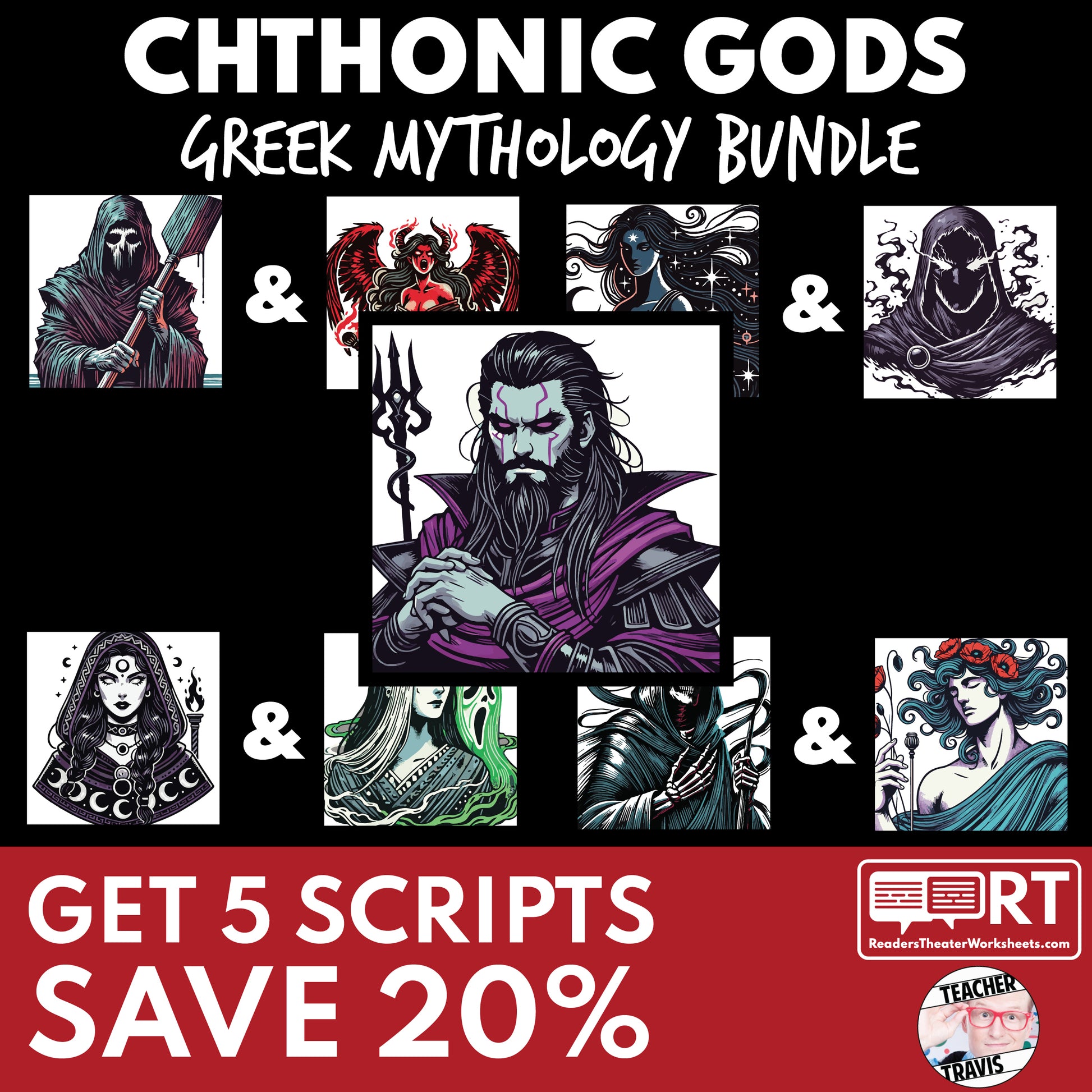 Chthonic Gods of Greek Mythology | 5 Reader's Theater Scripts | SAVE 20% - ["Bundle","Chthonic Gods","Grades 6-8","Grades 9-12","Greek Mythology","Greek Mythology for Google Classroom"]