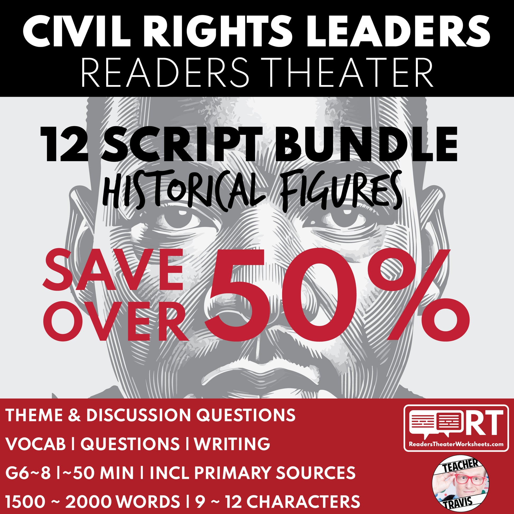 Civil Rights Leaders Reader's Theater Scripts Bundle (12) | SAVE 50% - ["Bundle","Civil Rights","Grades 6-8","Primary Source Incl."]