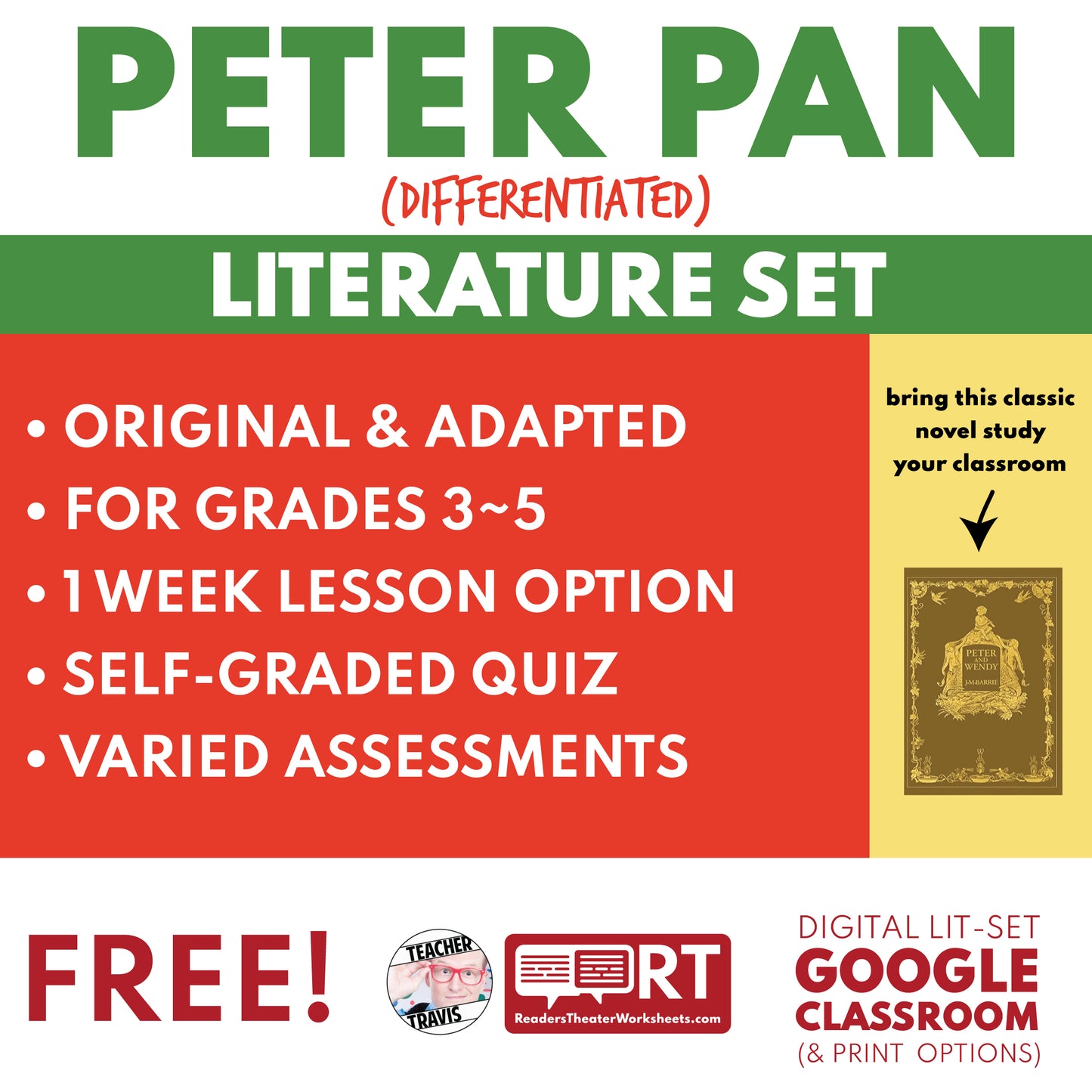 Free Adapted Peter Pan Differentiated Novel Study | ELA Unit | Literature Set for Grades 3 to 5