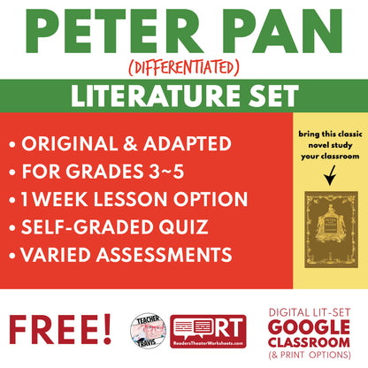 Free Adapted Peter Pan Differentiated Novel Study | ELA Unit | Literature Set for Grades 3 to 5