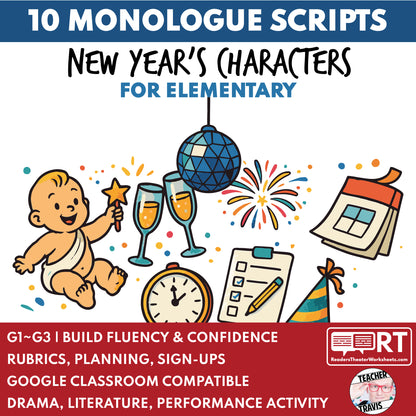 10 New Year's Day Monologues | 10 Short Scripts For Grades 1 to 3 | No Prep Activity PDF