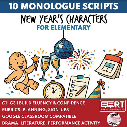 10 New Year's Day Monologues | 10 Short Scripts For Grades 1 to 3 | No Prep Activity PDF
