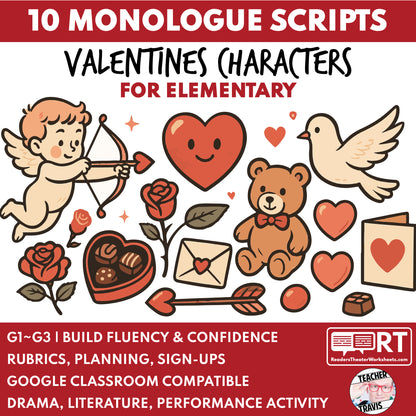 10 Valentines Monologues | 10 Short Scripts For Grades 1 to 3 | No Prep Activity PDF
