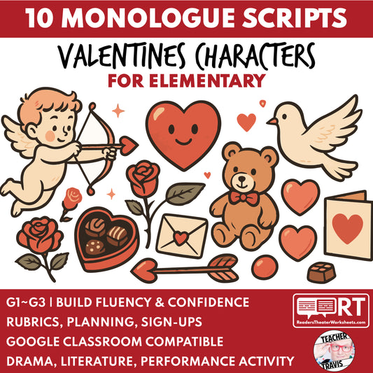 10 Valentines Monologues | 10 Short Scripts For Grades 1 to 3 | No Prep Activity PDF