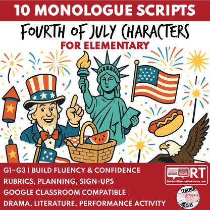 10 Fourth of July Monologues | 10 Short Scripts For Grades 1 to 3 | No Prep Activity PDF
