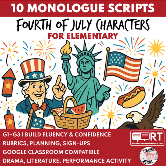 10 Fourth of July Monologues | 10 Short Scripts For Grades 1 to 3 | No Prep Activity PDF