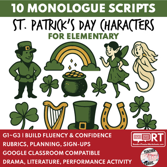 10 St. Patrick's Day Monologues | 10 Short Scripts For Grades 1 to 3 | No Prep Activity PDF