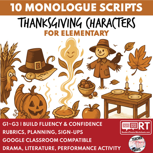 10 Thanksgiving Monologues | 10 Short Scripts For Grades 1 to 3 | No Prep Activity PDF