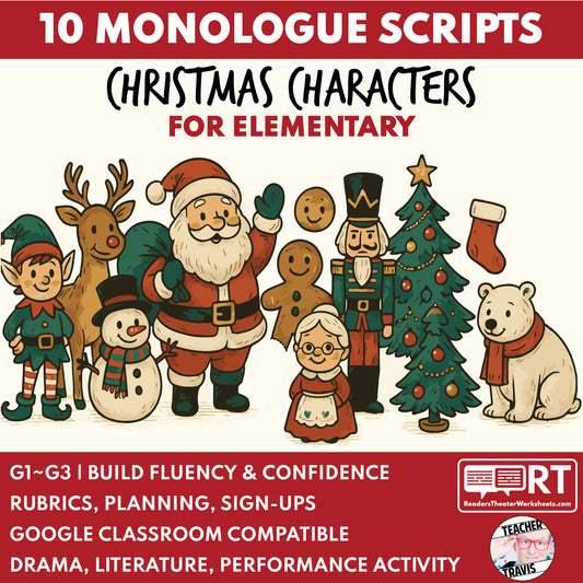 10 Christmas Monologues | 10 Short Scripts For Grades 1 to 3 | No Prep Activity PDF