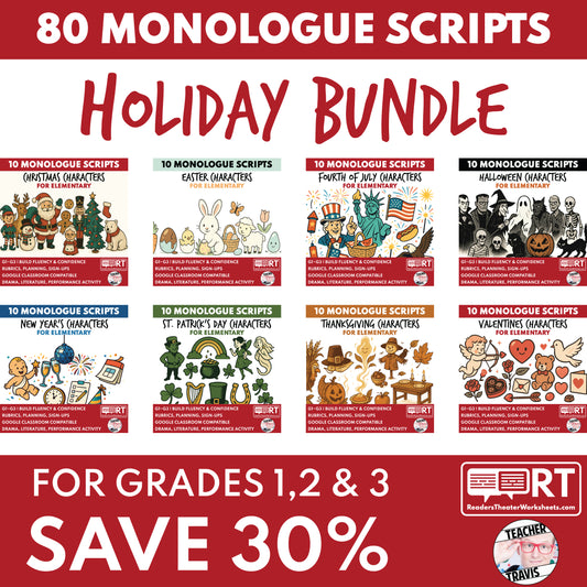 Holiday Monologues | 80 Bundled Scripts for Grades 1 to 3 | No Prep Activities