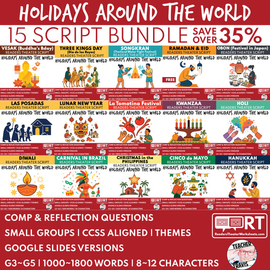 Holidays Around the World | Bundle of Readers Theater Scripts (15) | SAVE 35% - ["Bundle","Grades 3-5","Holidays Around the World","Small Groups"]
