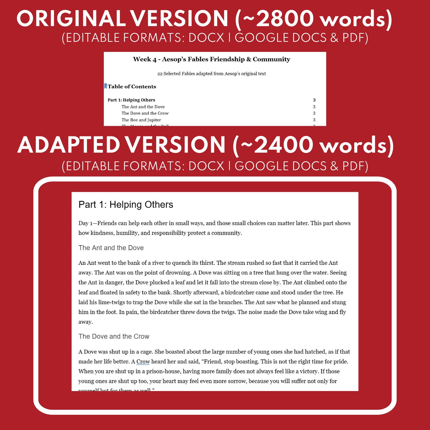 Aesop's Fables Differentiated Study Guide for Grades 3 to 5 | W4 Friendship, Cooperation & Community